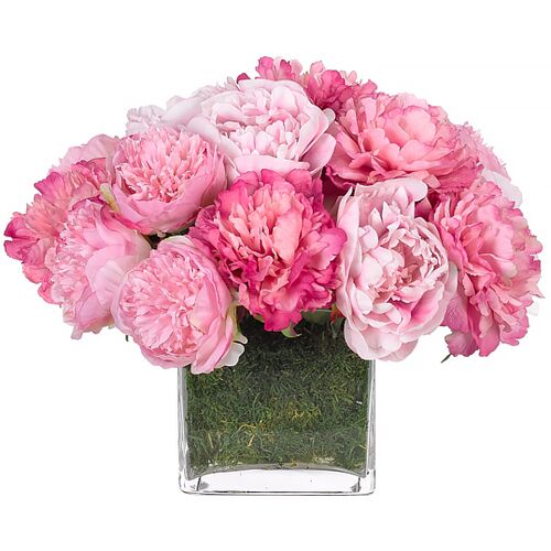 12" Pink Peony Arrangement with Moss in Glass Vase, Faux 