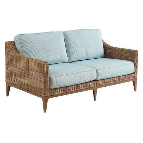 Palm Desert Poolside Outdoor Wicker/Teak Loveseat, Small Pattern Green Palm Desert Poolside Outdoor Wicker/Teak Loveseat, Small Pattern Green