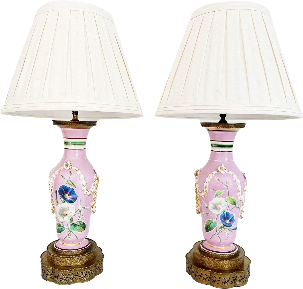 French Floral Urn Lamps & Shades, Pair~P77661812