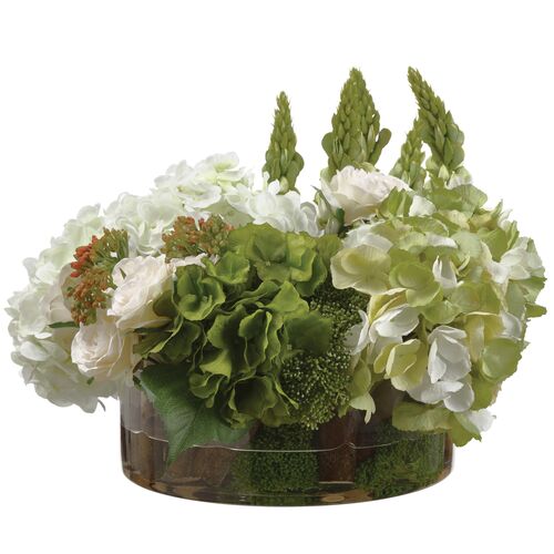 14" Hydrangea/Rose/Lupinus Arrangement in Glass Vase, Faux 14" Hydrangea/Rose/Lupinus Arrangement in Glass Vase, Faux