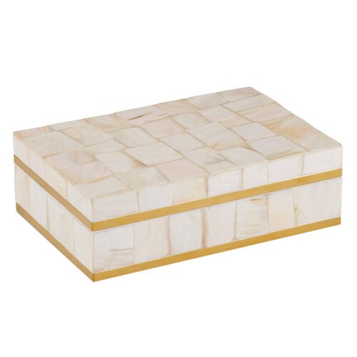 Casey Mother-of-Pearl Box, White/Polished Brass