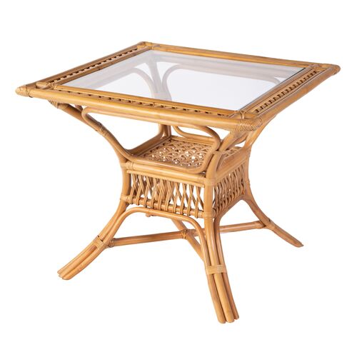 Evric 34.25" Square Rattan Glass Top Dining Table, Natural Evric 34.25" Square Rattan Glass Top Dining Table, Natural