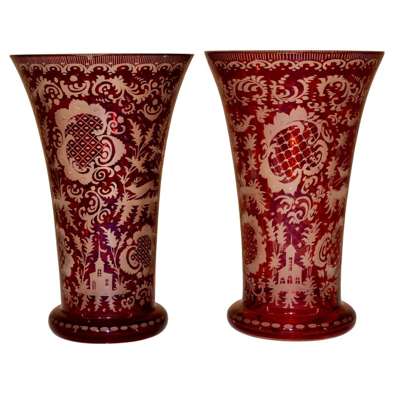 Bohemian Cranberry Glass Vases, Pair