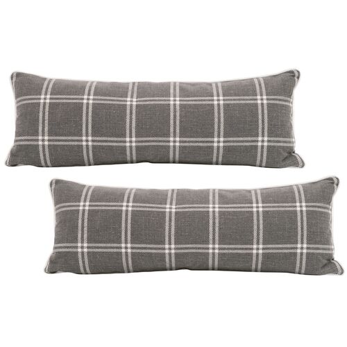 S/2 Emery 13"x34" Plaid Lumbar Pillows, Smoke