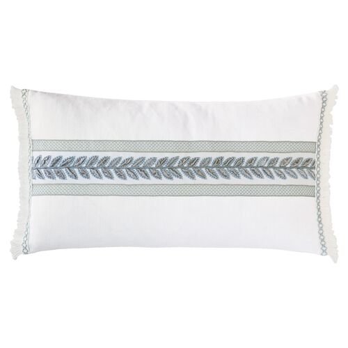 Lotty 15x26 Horizontal Leaf Lumbar Pillow, White/Blue