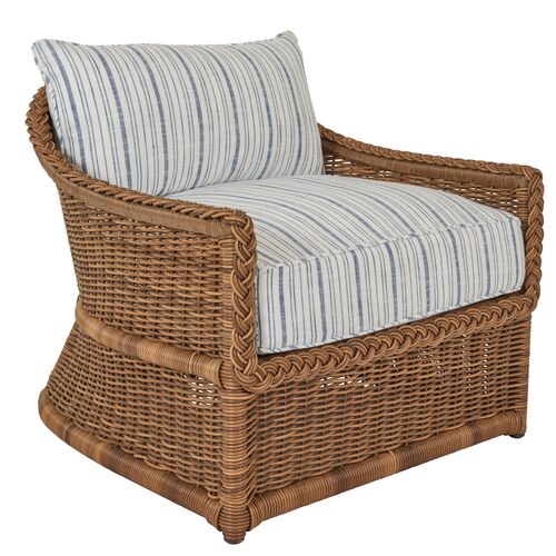 Emilia Raffia Lounge Chair, Linen Indigo Stripe~P77609563