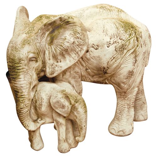 18" Bull Elephant & Calf, Antiqued Stone~P76635974