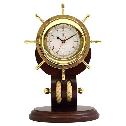 Porthole Ship's Wheel Clock, Teak~P77033253