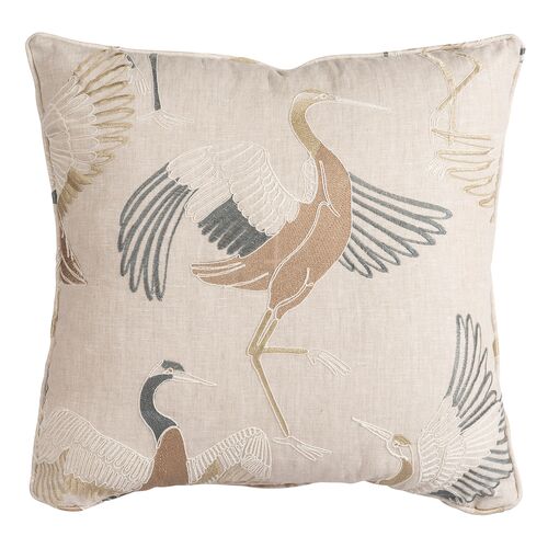 Dancing Crane Embroidered Linen Pillow, Natural Dancing Crane Embroidered Linen Pillow, Natural