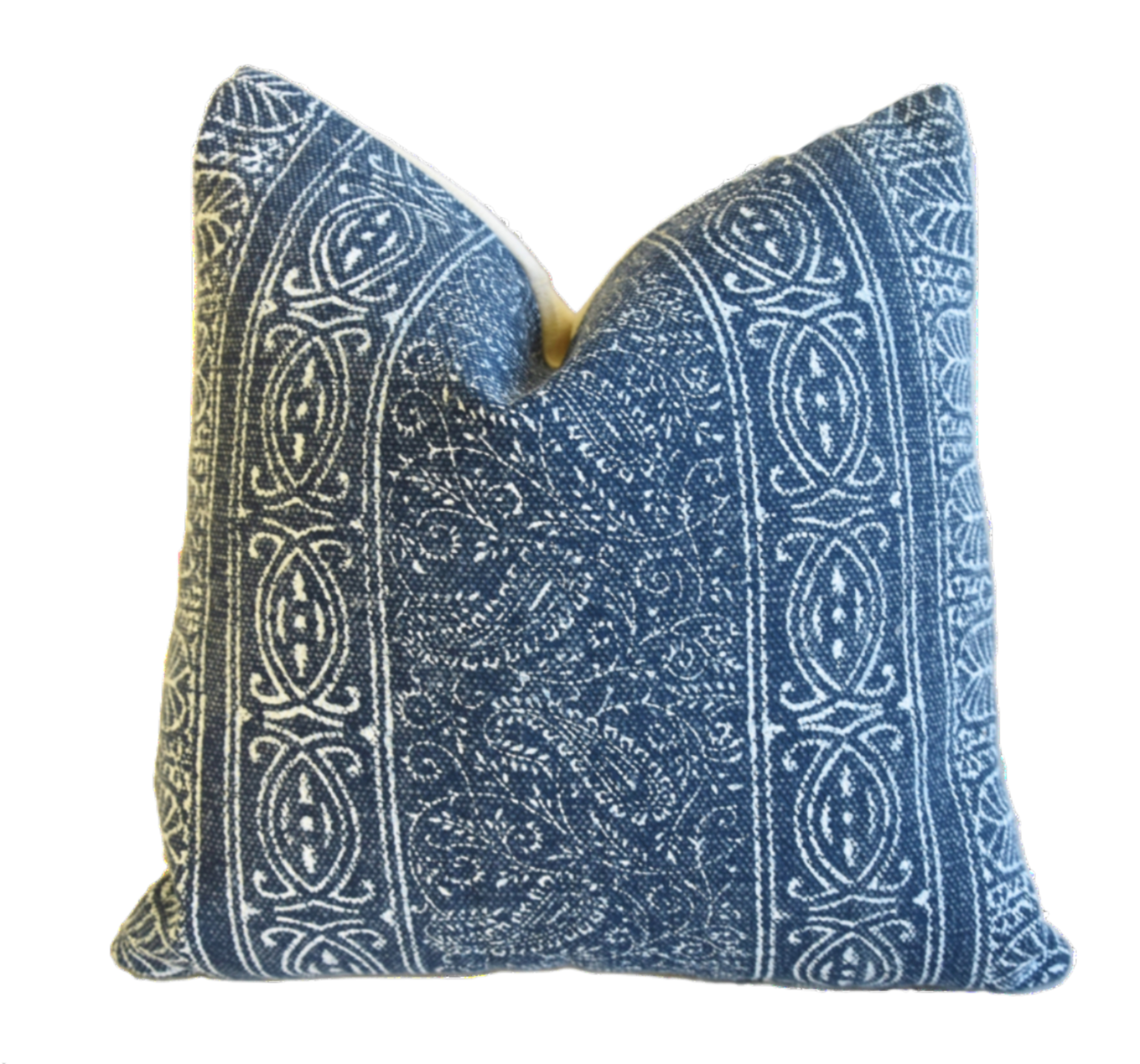 Hand-Printed Blue Paisley Cotton Pillow~P77669687
