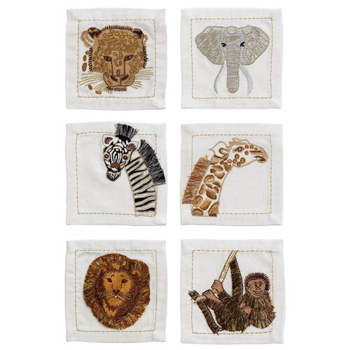 S/6 Out of Africa Cocktail Napkins, White/Multi~P77631073