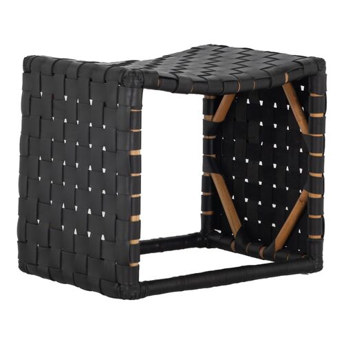 Dover Rattan Basketweave Accent Stool, Black Leather