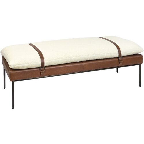 Aspen Leather and Faux Boucle Wool Bench, White/Brown~P111119673