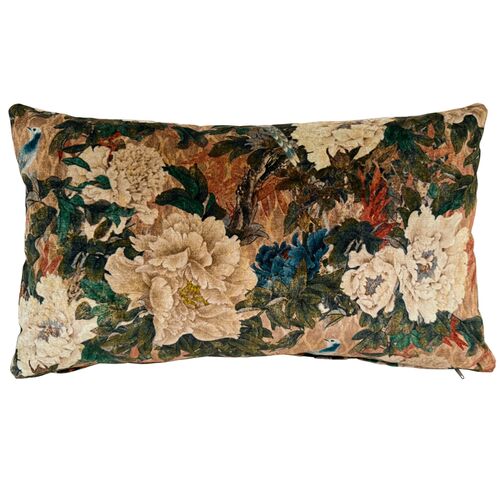 Magnolia 14x24 Velvet Lumbar Pillow, Green/Beige/Coral