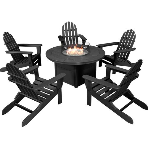 Hannah 6-Pc Folding Adirondack Set with Fire Pit Table, Black~P77651150