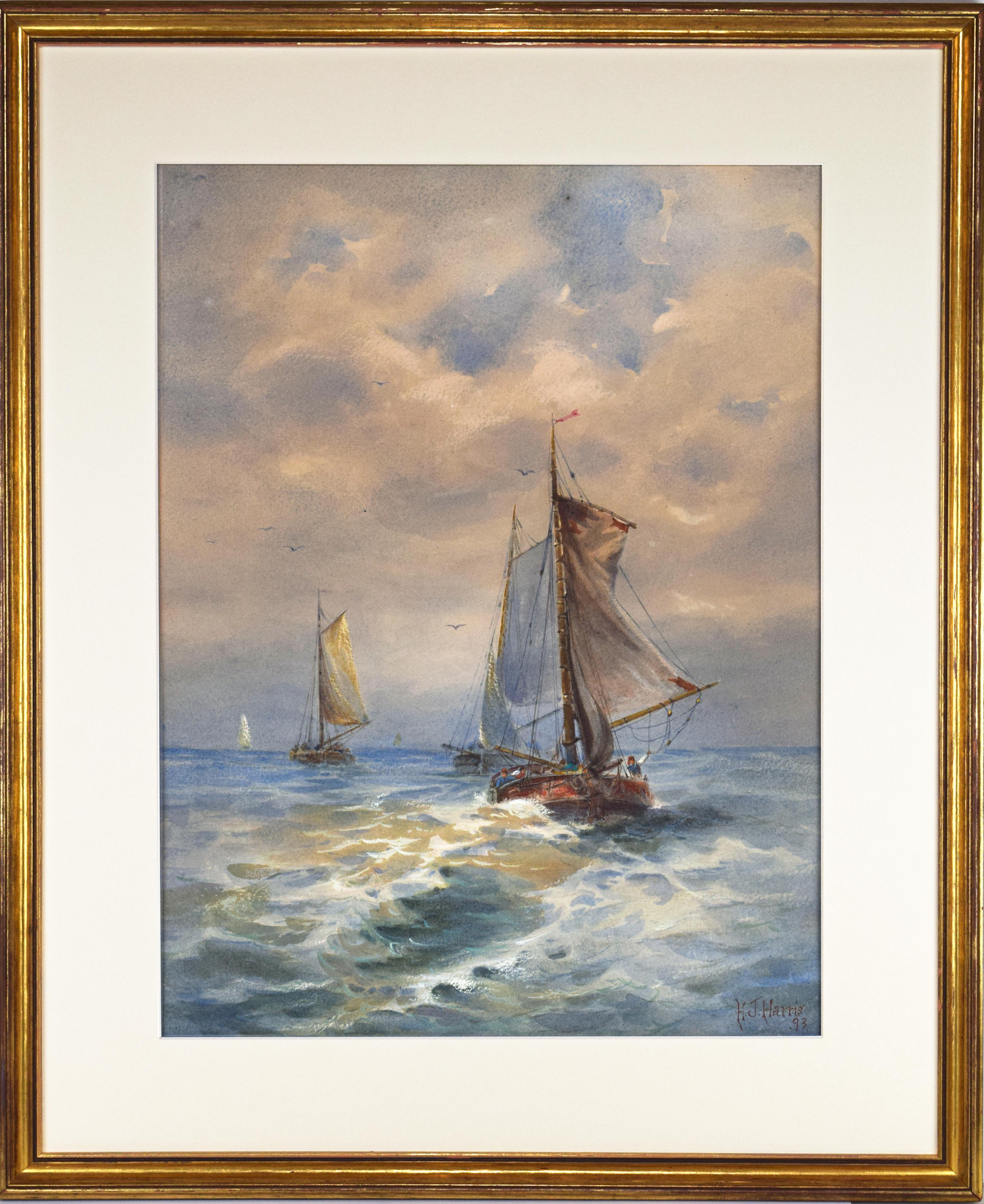 Antique Watercolor Seascape w/Ships 1893~P77657570