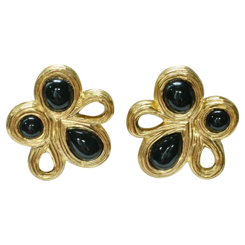 1980s Givenchy Glass Onyx Gold Earrings