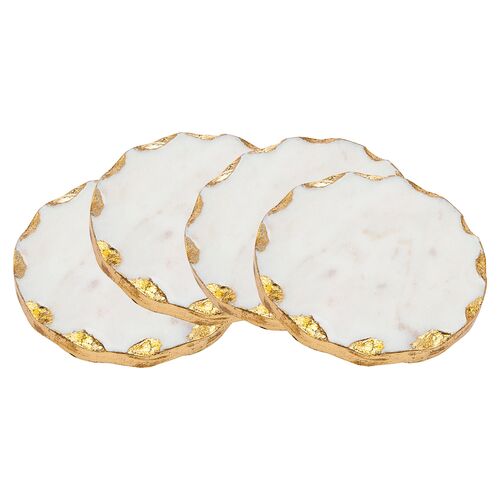 S/4 Round Marble Coasters, White/Gold~P77334823