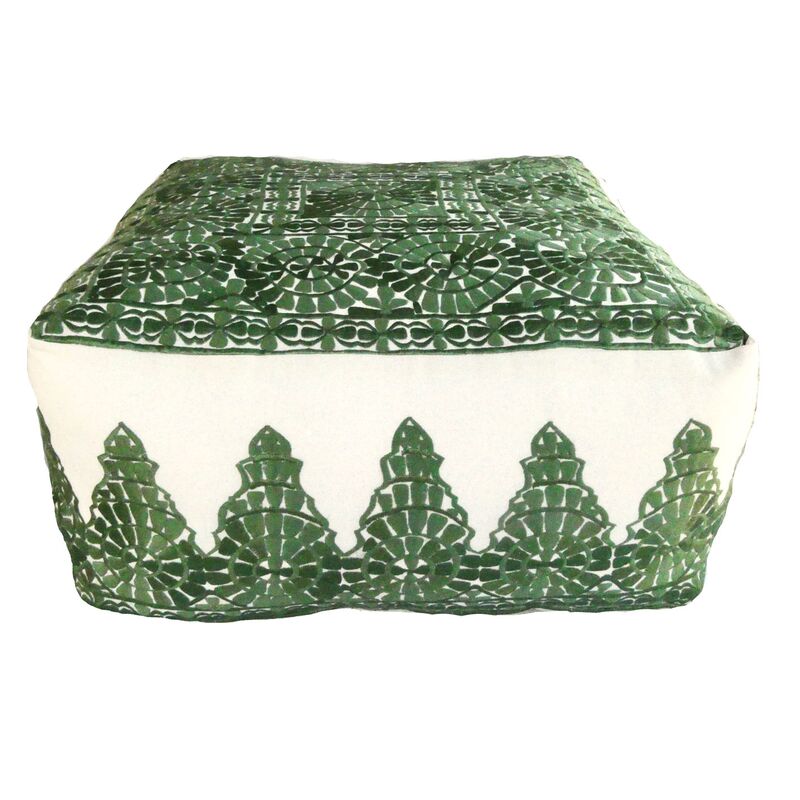 Green Linen Embroidered Pouf