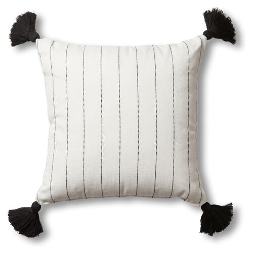 Frances Outdoor Tassel Pillow, White/Black Pinstripe~P77570694