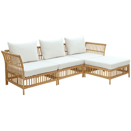 Maggie Outdoor Rattan 3-Seater Sofa w/ Chaise Lounge, Natural/Tempotest Canvas White