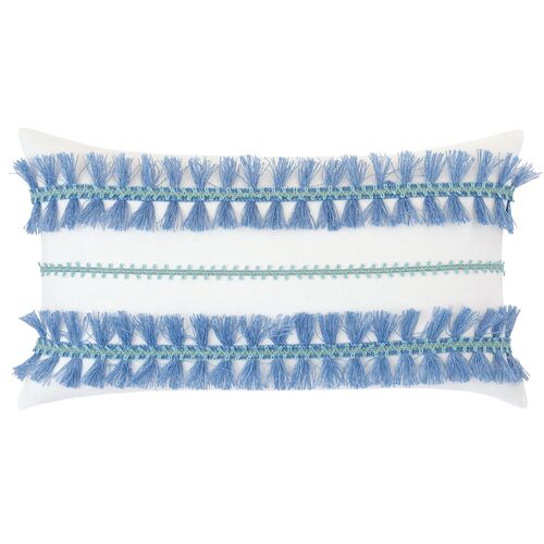 Isla Brush Fringe Lumbar Pillow, Blue/White