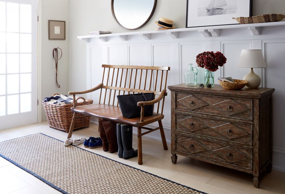 Just in case the dresser didn’t offer enough storage, this entry also has a basket and a long shelf. The bench provides a place to put on or take off boots, sort the mail, or wait for your companion to get ready.
