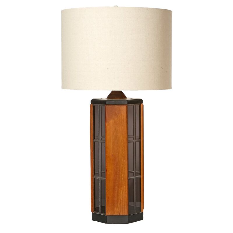 1970s Smoked Glass & Wood Table Lamp