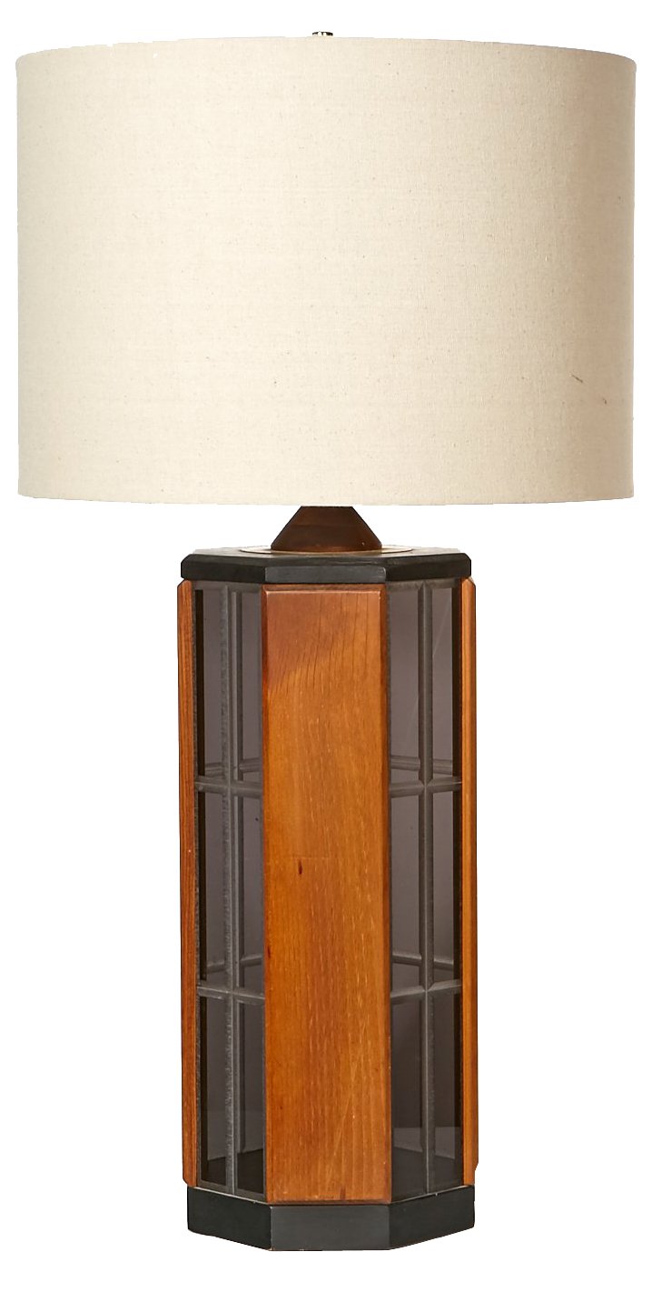 1970s Smoked Glass & Wood Table Lamp~P77227633