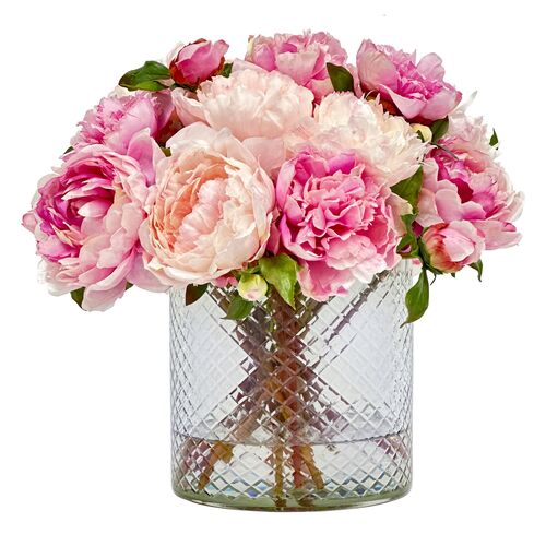 Faux Peony In Glass Vase, Pink