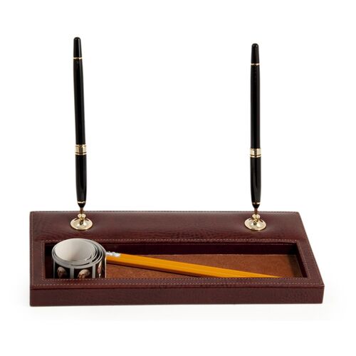 Leather Double Pen Stand, Brown~P75700624