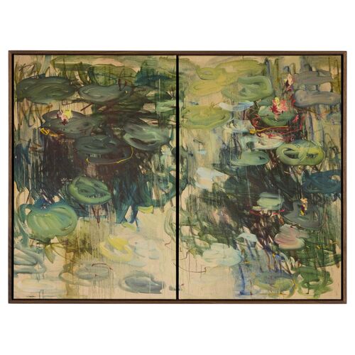 Lily Pond Painting by Lilia Orlova-Holmes, Rustic Walnut Frame Lily Pond Painting by Lilia Orlova-Holmes, Rustic Walnut Frame