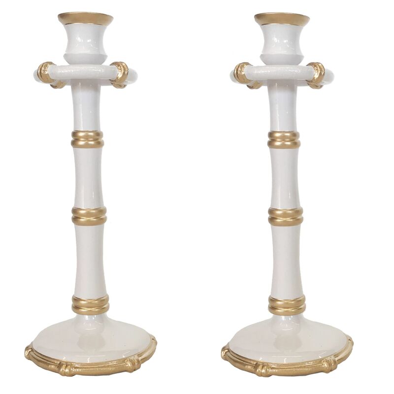 S/2 Bamboo-Style Tall Candlesticks, White