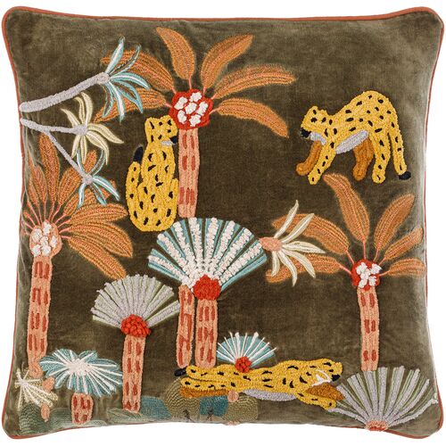 Junglesque Embroidered Pillow, Dark Green/Coral