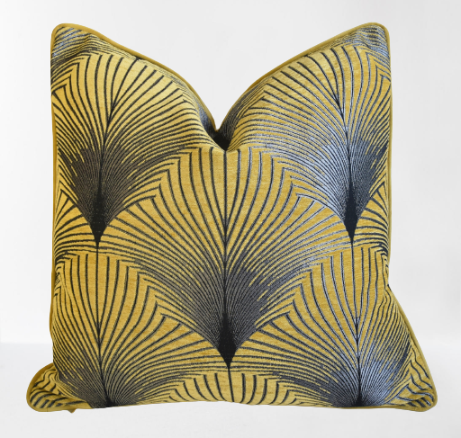 French Blue & Gold Feather Design Pillow~P77678036