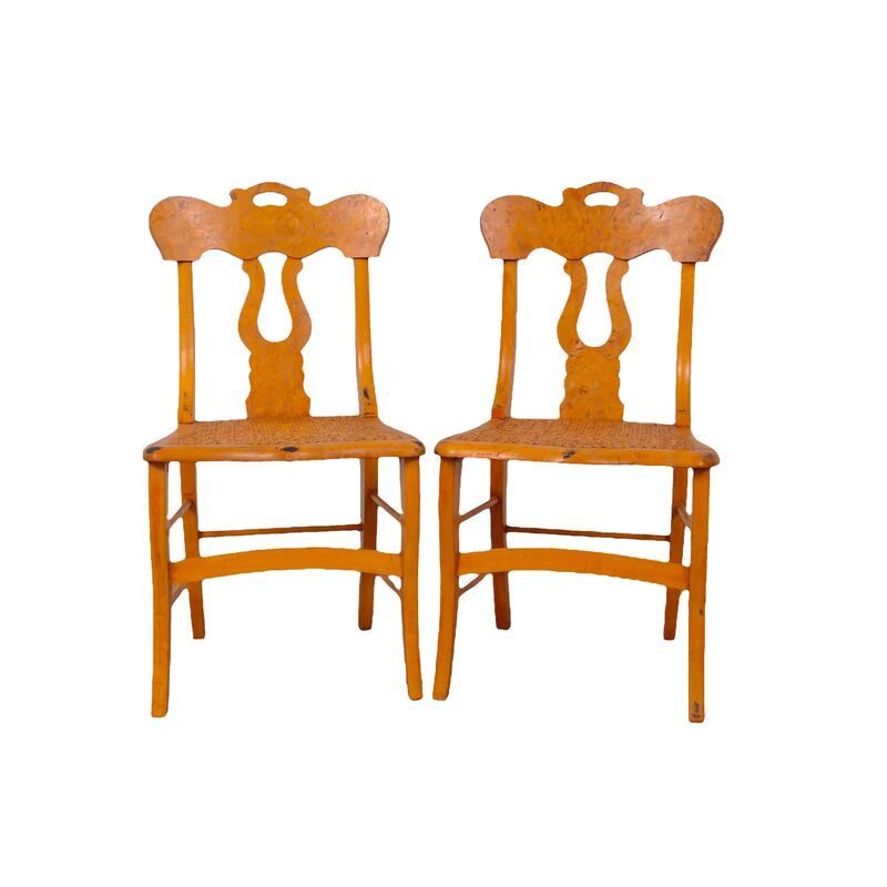 Antique Burlwood Caned Chairs - a Pair