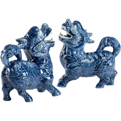 S/2 Ceramic Foo Dog Figurines, Blue