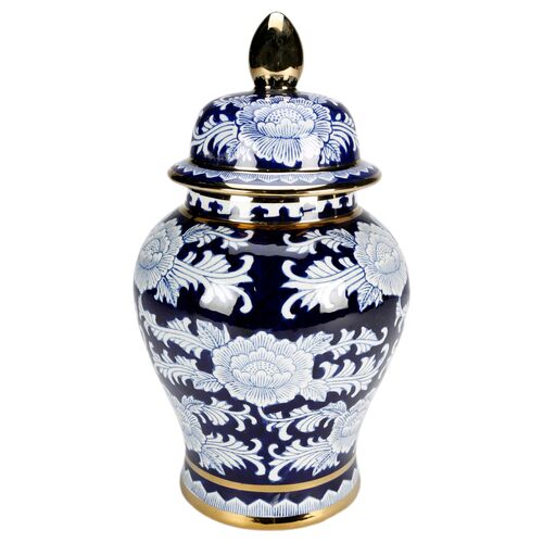 Floral Temple Jar, Blue/Gold