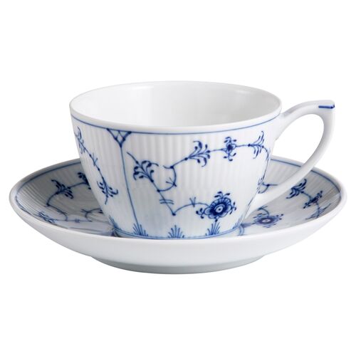 Fluted Plain Teacup & Saucer Set, White/Blue~P60782489