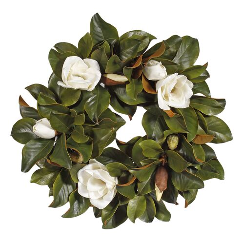 24" Magnolia Wreath, Green/White