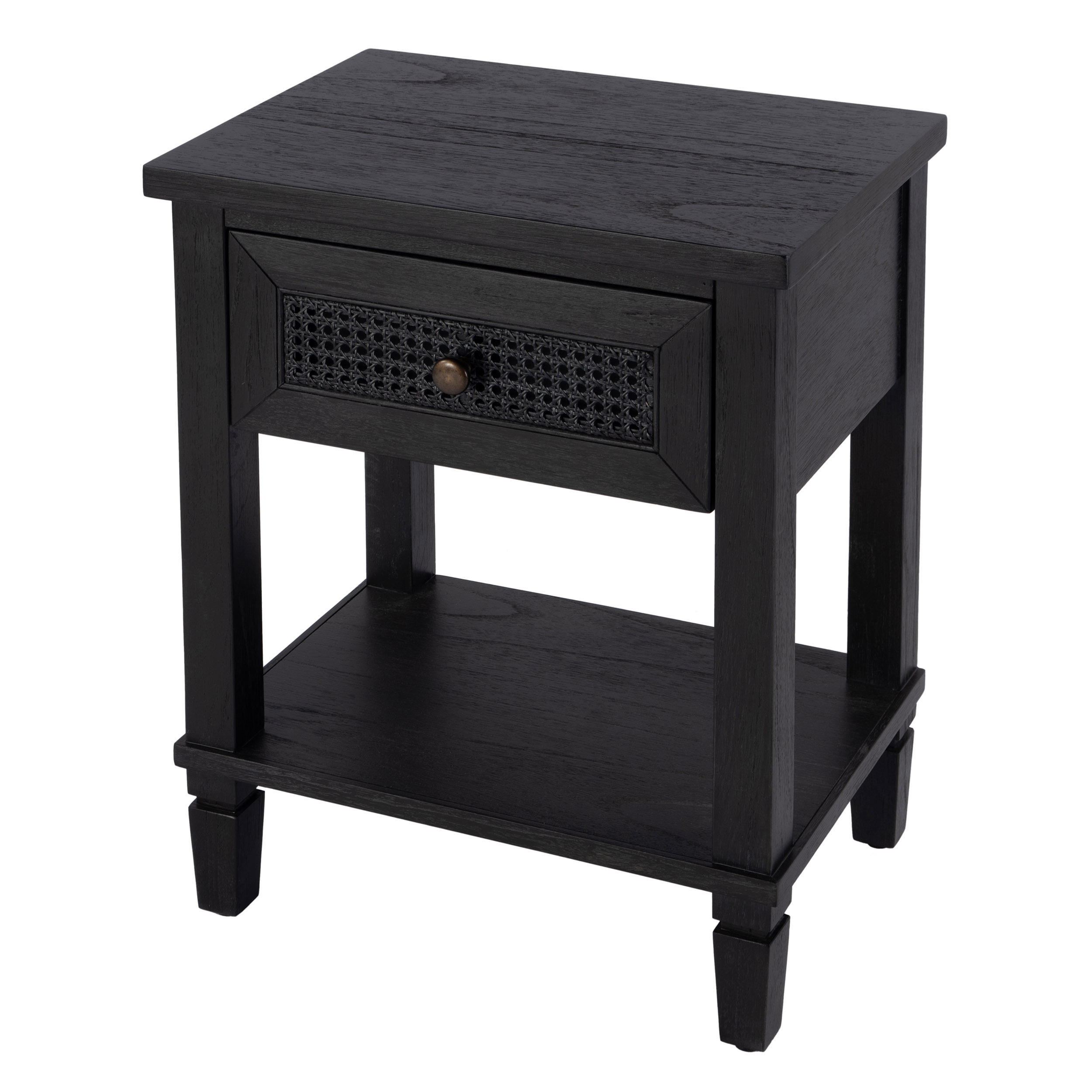 Myrtle 20" W Rectangular Cane and Wood 1-Drawer Nightstand with Lower Open Shelf, Washed Black Myrtle 20" W Rectangular Cane and Wood 1-Drawer Nightstand with Lower Open Shelf, Washed Black
