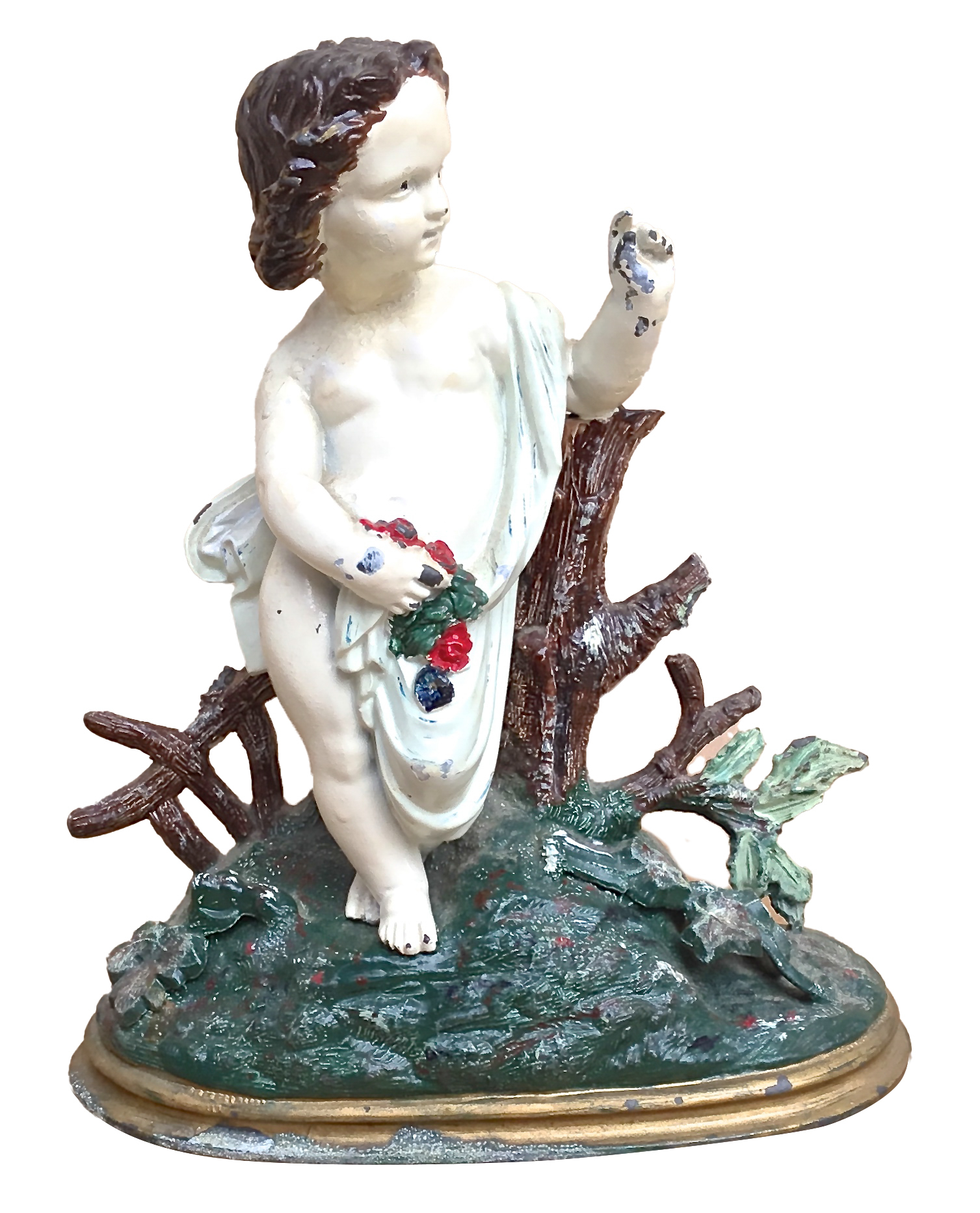 Painted Cast Iron Cherub With Flowers~P77529896