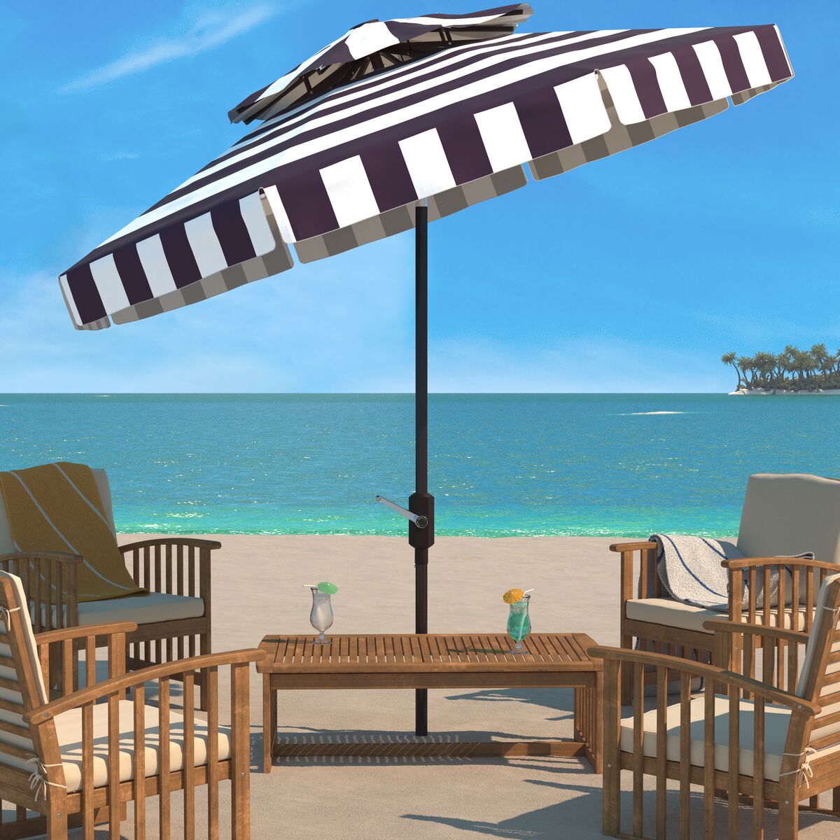 black and white striped umbrella patio Business & Pleasure Co. The dyed acrylic cover St. Tropez Striped Umbrella