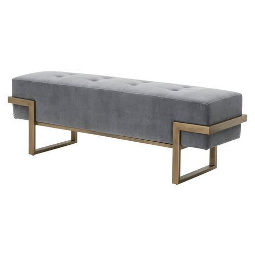 Kira Upholstered Bench, Gray Velvet/Brass~P77598535
