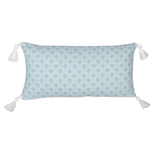 Scallop Tassel Outdoor Lumbar Pillow, Aqua/White~P77650087
