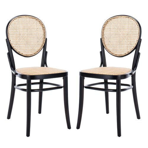 S/2 Cara Cane Dining Chairs, Black/Natural~P69494836