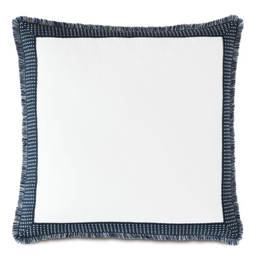 Caspian 20x20 Border Fringe Pillow, White/Blue