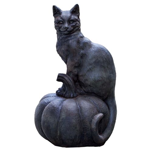 18" Cat-on-Pumpkin Outdoor Statue, Black~P77430735