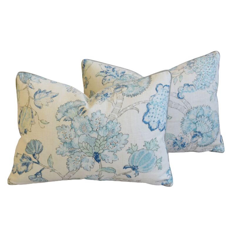 Aquamarine Blue Floral Linen Pillows, Pr