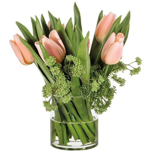 14" Tulips Fresh Cut in Glass Vase, Faux 14" Tulips Fresh Cut in Glass Vase, Faux